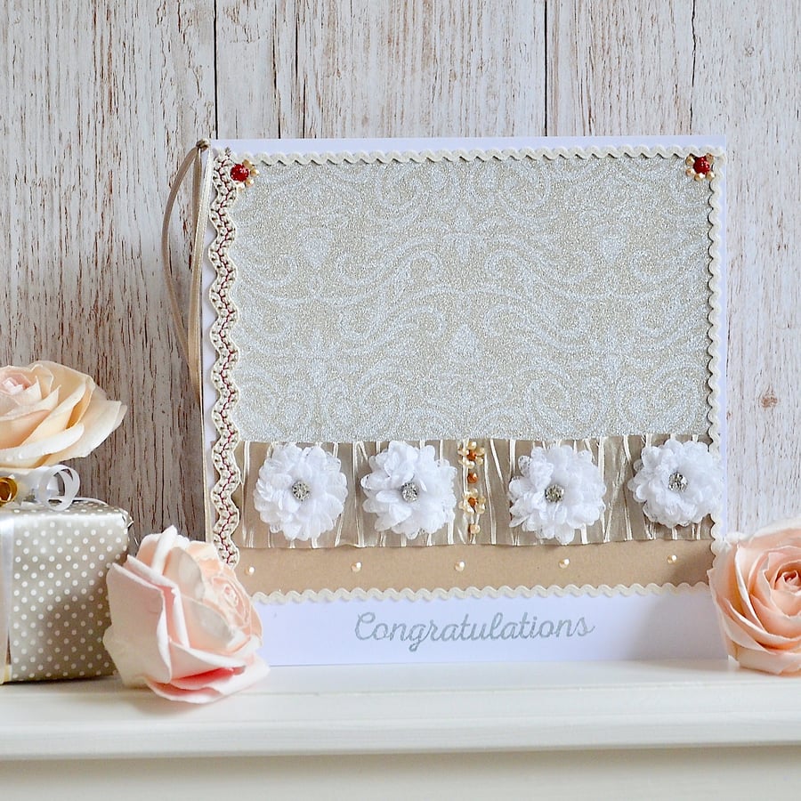 Wedding card - large handmade wedding card textile handmade flower floral