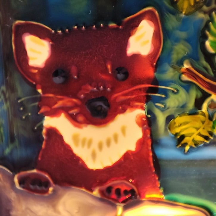 Candle holder, hand painted glass, pine marten