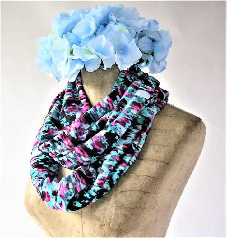 Bright Infinity Long Loop Scarf, abstract pattern, in soft cosy jersey fabric