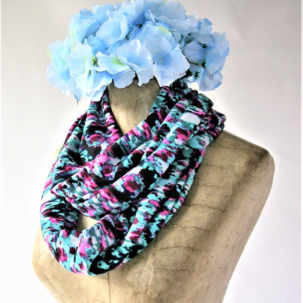 Bright Infinity Long Loop Scarf, abstract pattern, in soft cosy jersey fabric