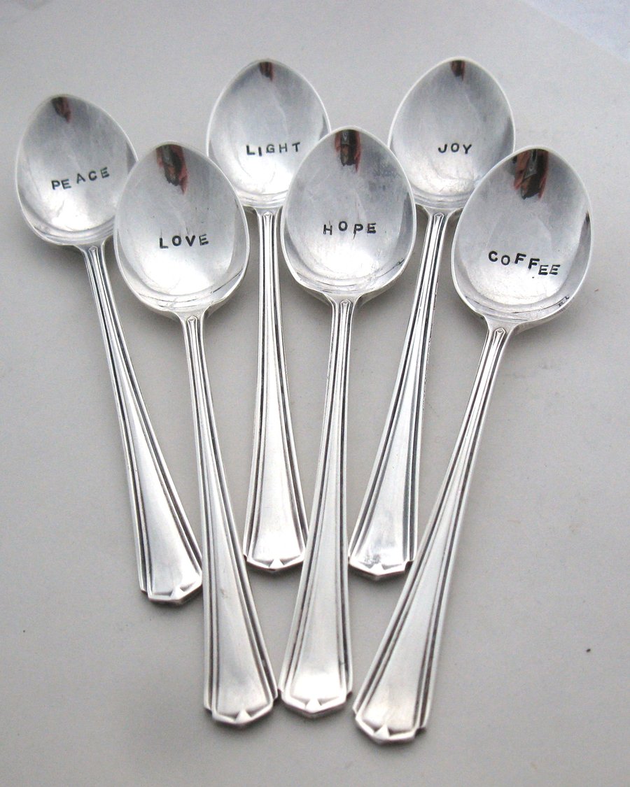 Festive coffee spoon set in box, six handstamped spoons with Christmas blessings