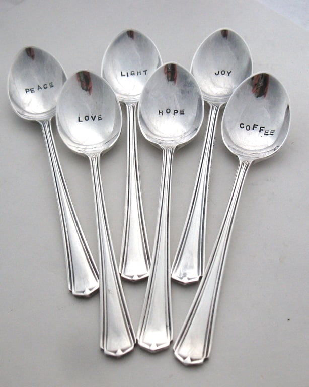Festive coffee spoon set in box, six handstamped spoons with Christmas blessings