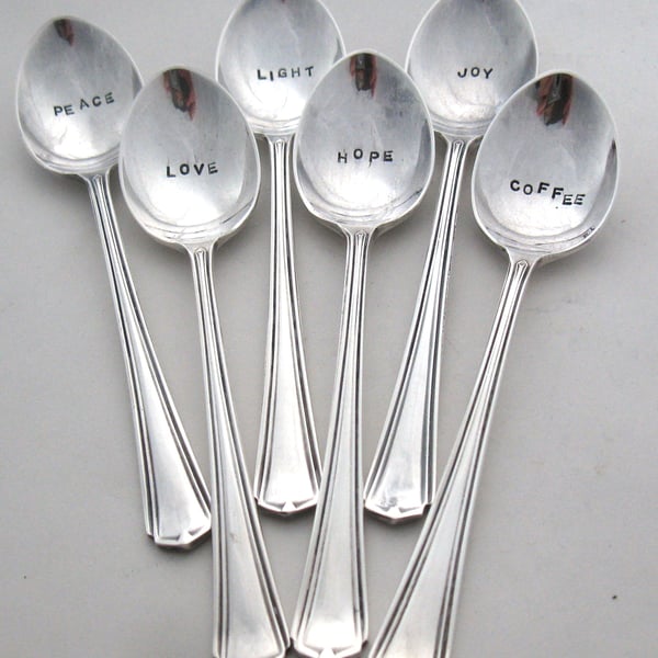 Festive coffee spoon set in box, six handstamped spoons with Christmas blessings