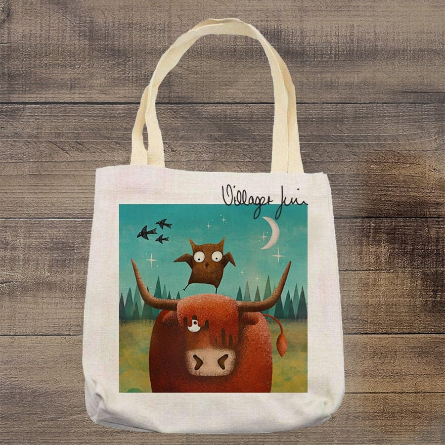 Ellie the Highland and Millie the Little Owl - Highland Cow Tote Bag