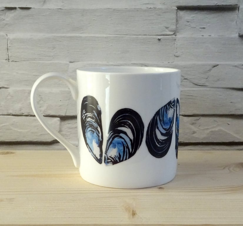 Mussel Shell Mug - Cornish mussels, coastal home kitchenware blue and white