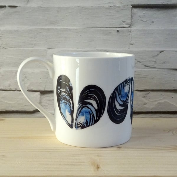 Mussel Shell Mug - Cornish mussels, coastal home kitchenware blue and white