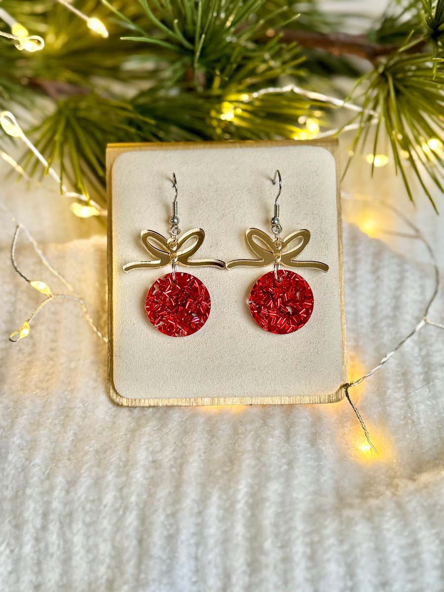 Bauble Earrings - Red & Gold Acrylic 