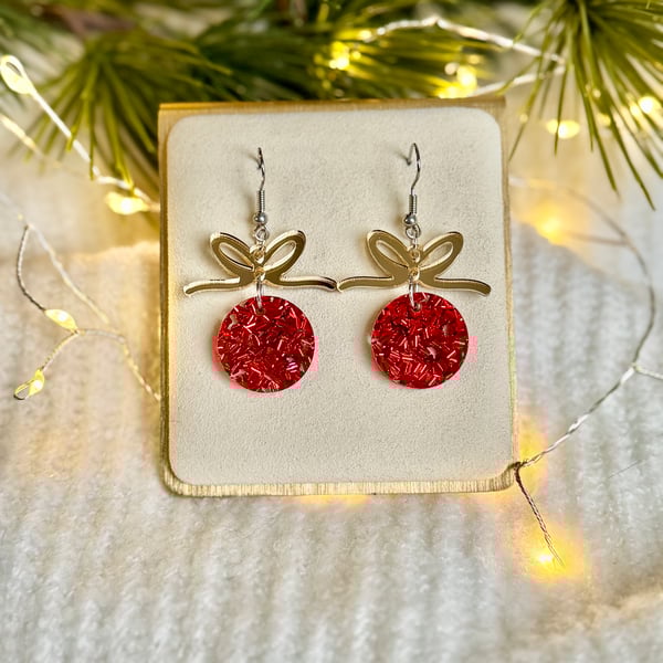 Bauble Earrings - Red & Gold Acrylic 