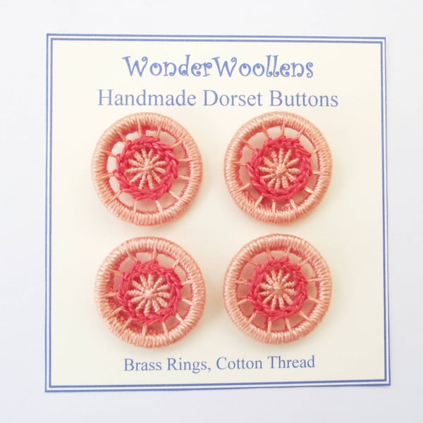 Dorset Buttons, Set of 4, Handmade, Peach, Coral Cotton,  1", 2.6cm