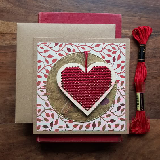 Blank card with hand embroidered heart wooden decoration, keepsake- dark red