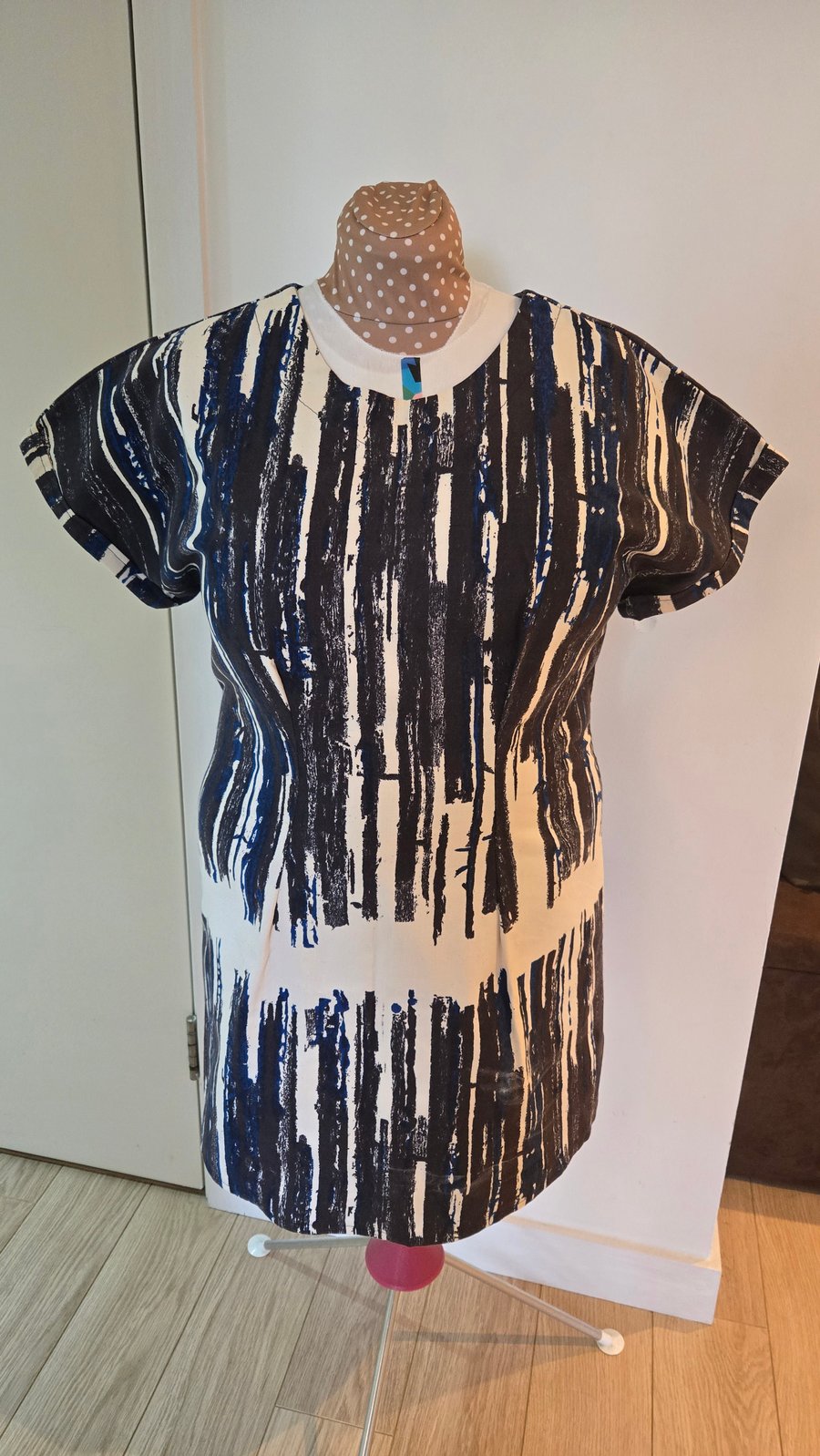 Hand-sewn unique Blue & white painterly tunic dress - 40" bust