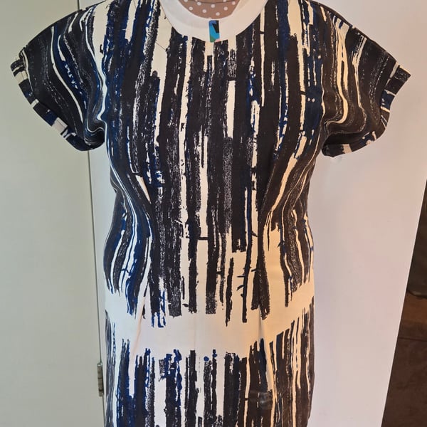 Hand-sewn unique Blue & white painterly tunic dress - 40" bust