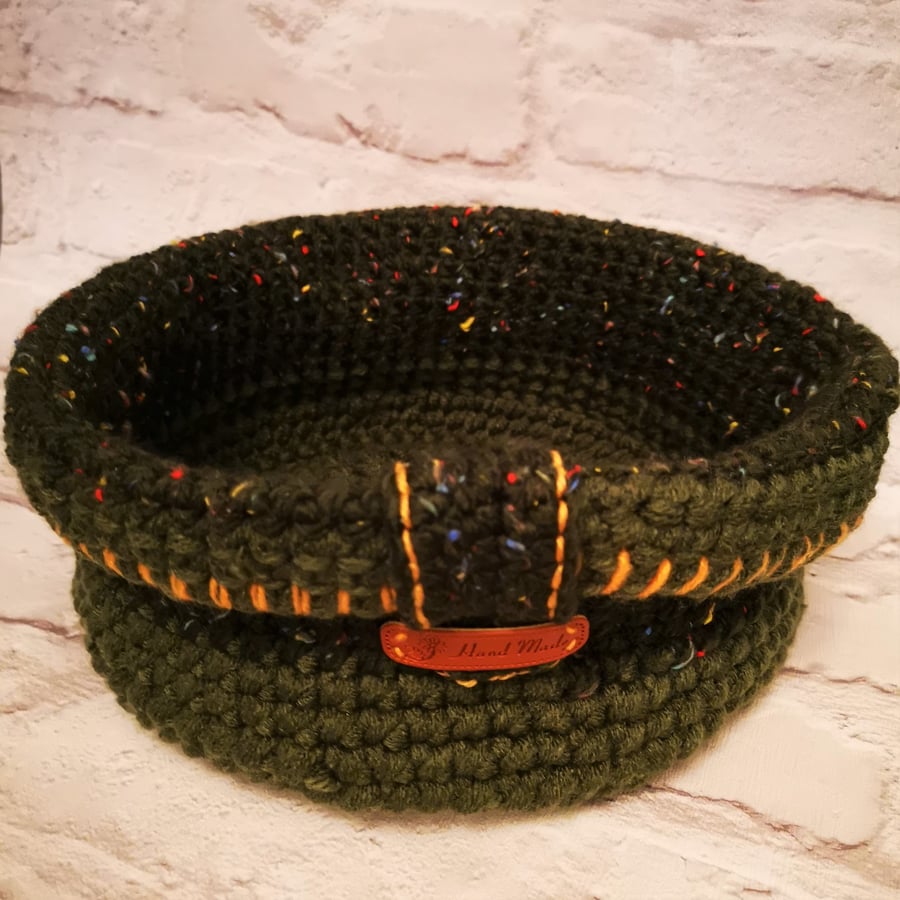 Crocheted Olive multi shallow basket        FREE P & P 