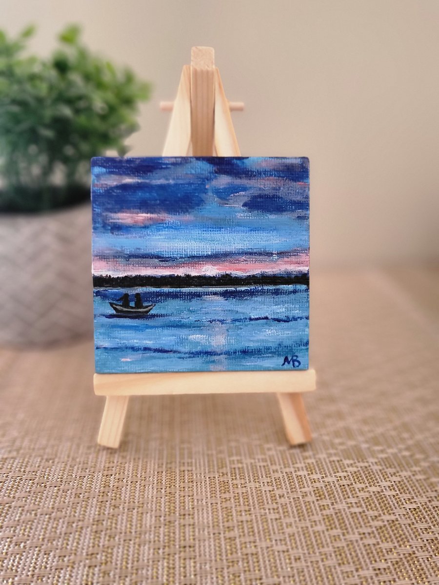Original acrylic painting sunset mini canvas seascape boat