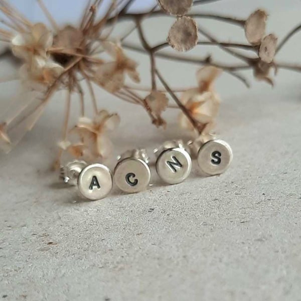 SINGLE Sterling Silver Initial Letter Stud Earring - Hand Stamped