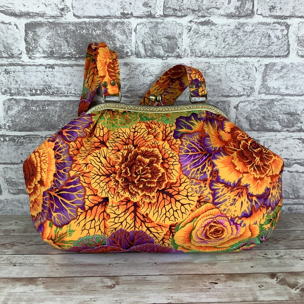 Floral cabbages large fabric frame handbag, Yellow bag Kiss clasp, 2 straps