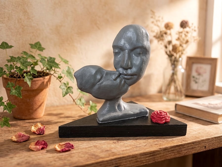 Clay Abstract Male & Female Kissing Couple On Wood Plinth