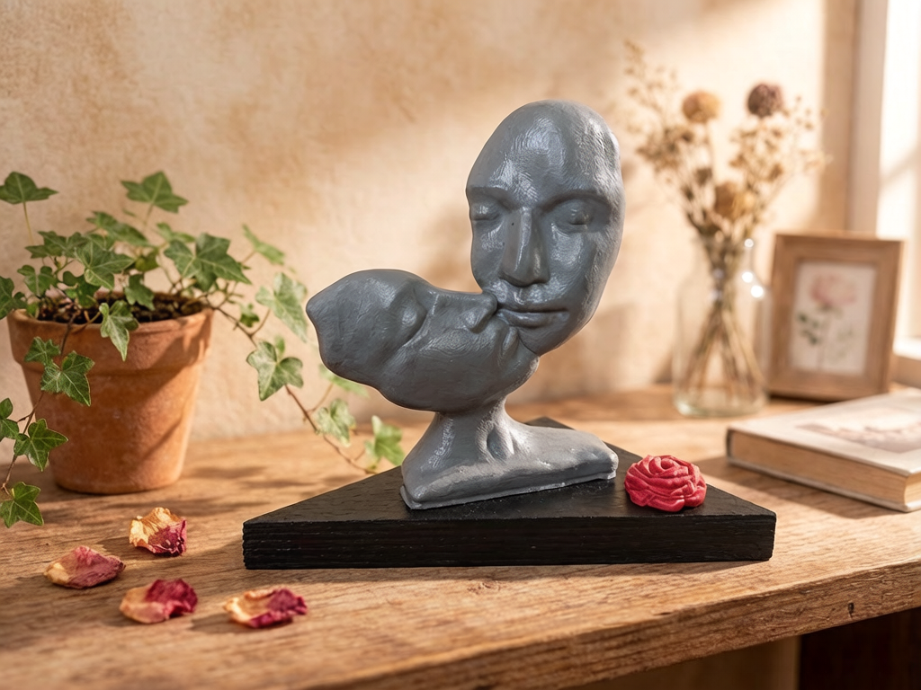 Clay Abstract Male & Female Kissing Couple On Wood Plinth