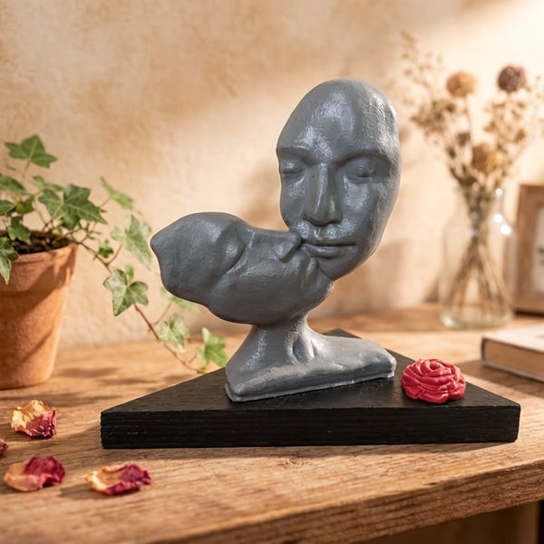 Clay Abstract Male & Female Kissing Couple On Wood Plinth