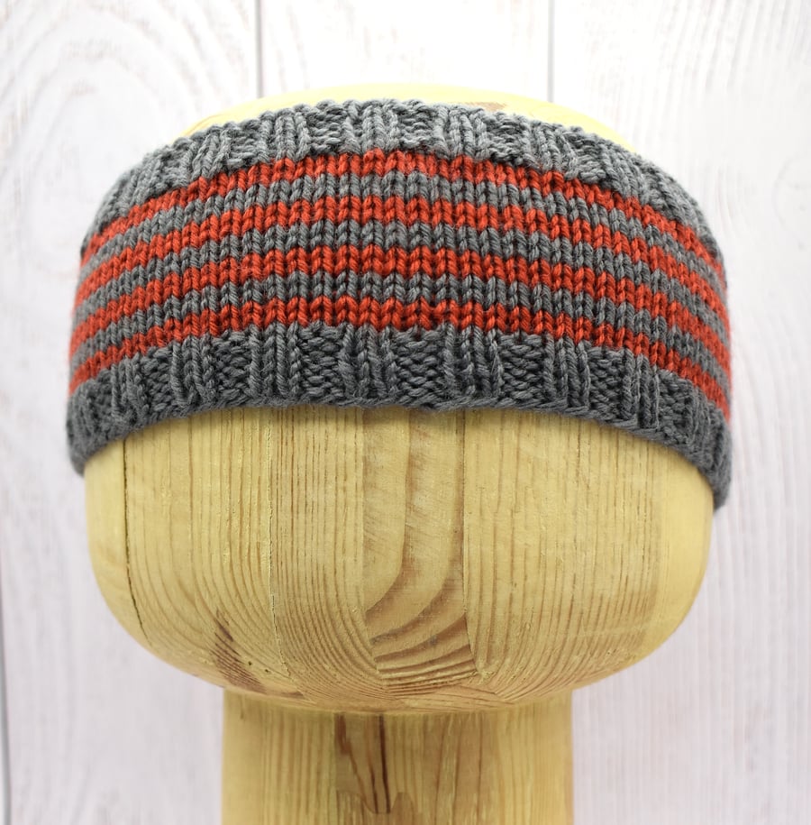 Hand Knitted Toddler Headband – Grey & Orange – 12–24m