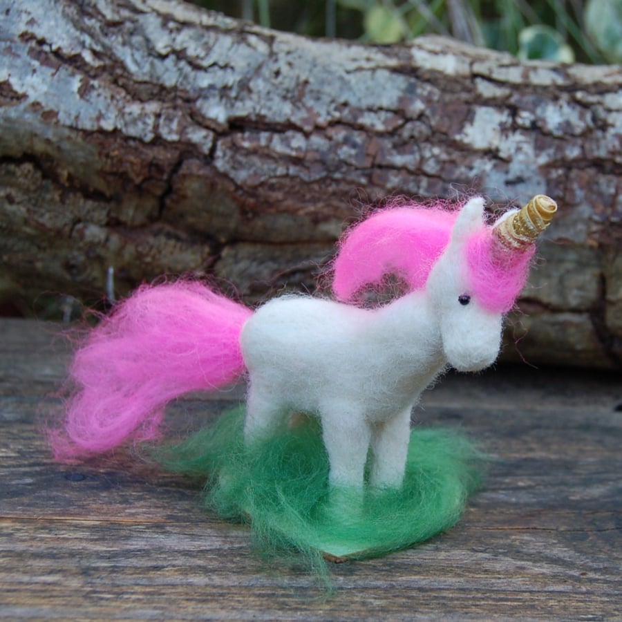 Pink and White Unicorn with gold horn, needle felt unicorn, 
