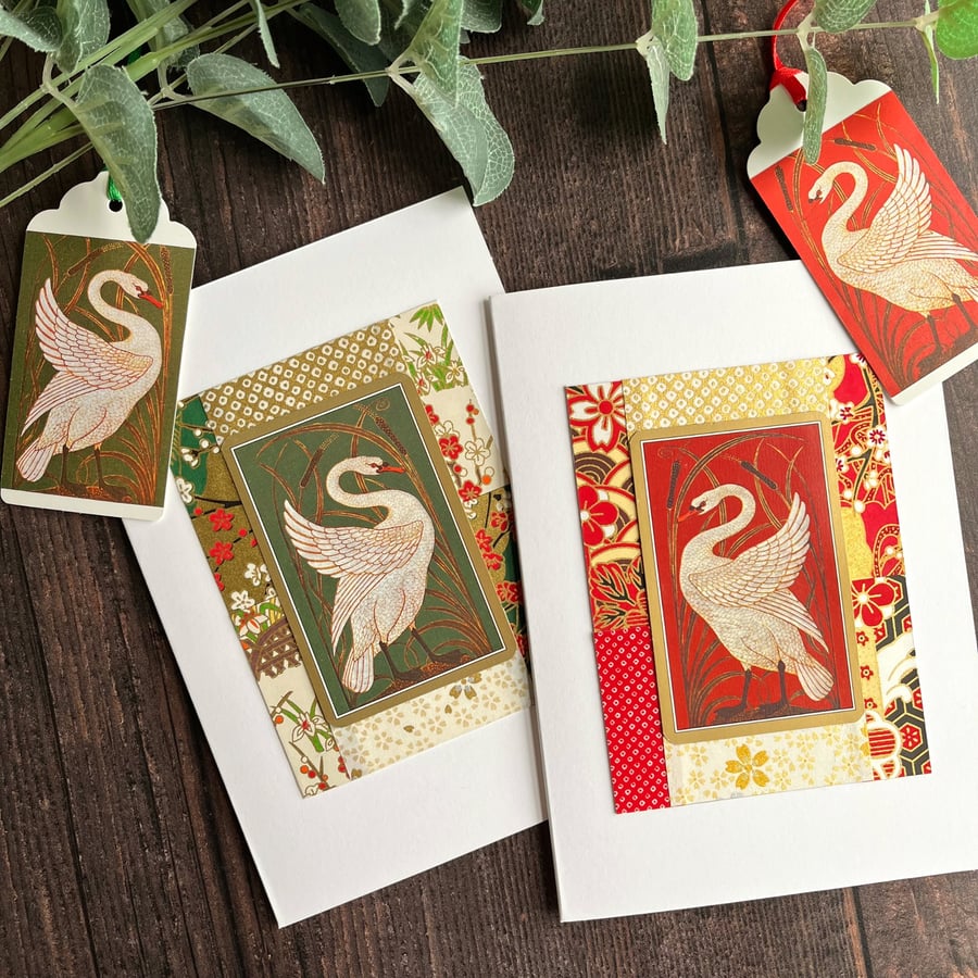 Two handmade cards for bird lovers, vintage playing cards with swans