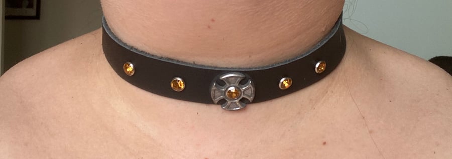 Black Leather Choker - Iron Cross w Orange Coloured Gemstones FREE SHIPPING
