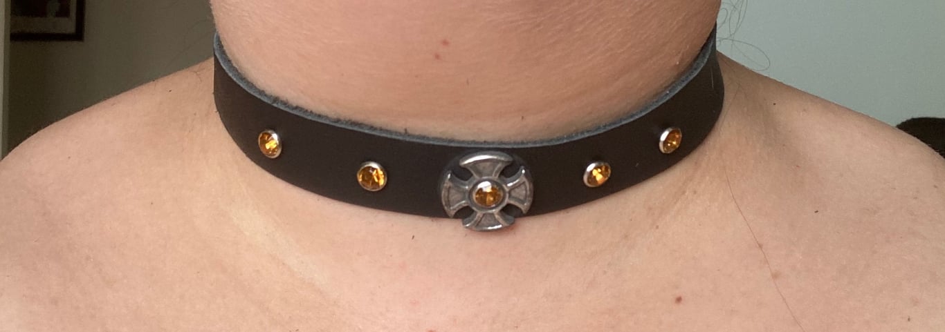 Black Leather Choker - Iron Cross w Orange Coloured Gemstones FREE SHIPPING