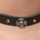 Black Leather Choker - Iron Cross with Orange-Amber Coloured Gemstones 