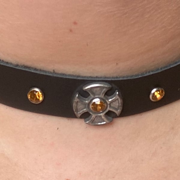 Black Leather Choker - Iron Cross with Orange-Amber Coloured Gemstones 