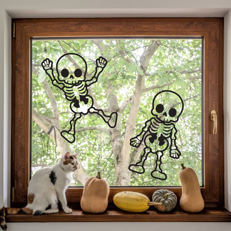Fun Skeleton Window Sticker: Halloween Decorations, Autumnal Window Decal, Silho