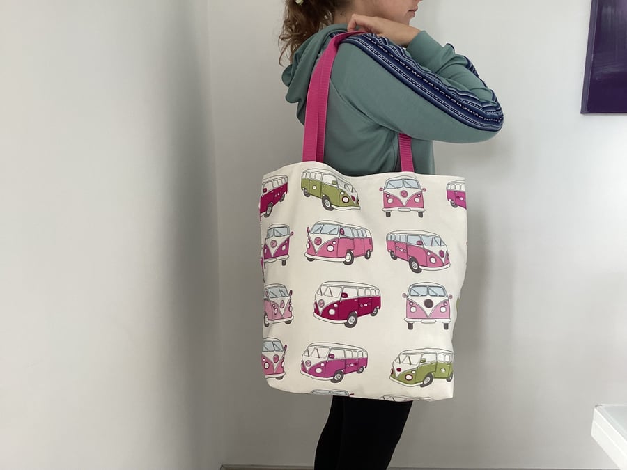 Tote bag, handmade from camper van canvas cotton fabric pink and cream, fully li