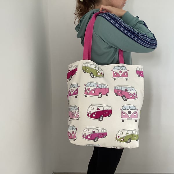 Tote bag, handmade from camper van canvas cotton fabric pink and cream, fully li