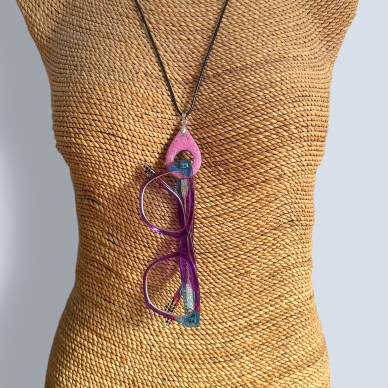 Pink Marbled Glasses Holder Necklace with Black Waxed Cord