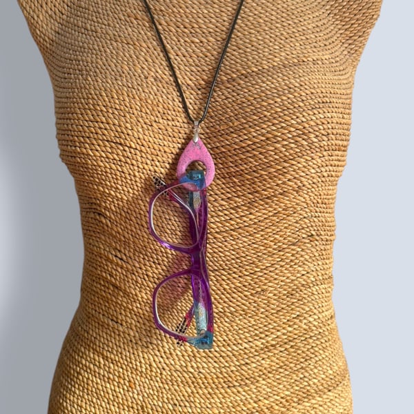 Pink Marbled Glasses Holder Necklace with Black Waxed Cord
