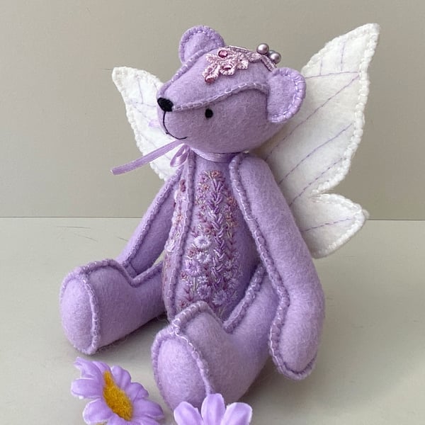 Fairy artist bear, hand embroidered one of a kind collectable teddy bear