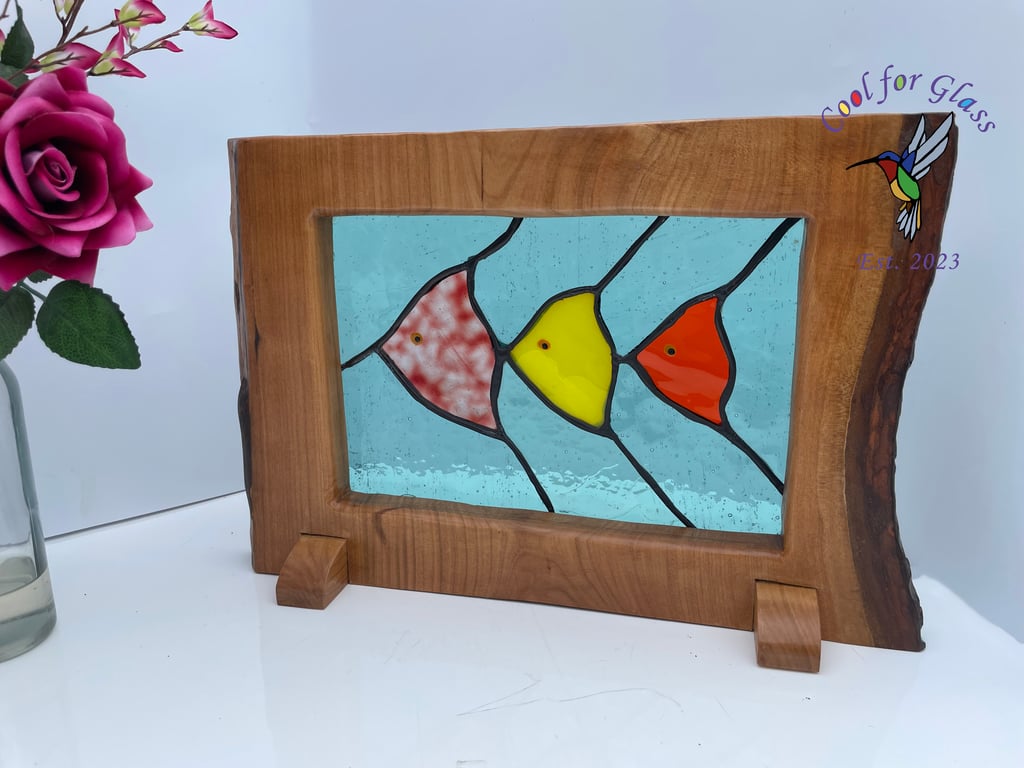 Stained glass 'Tropical Trio' fish framed in solid cherry wood