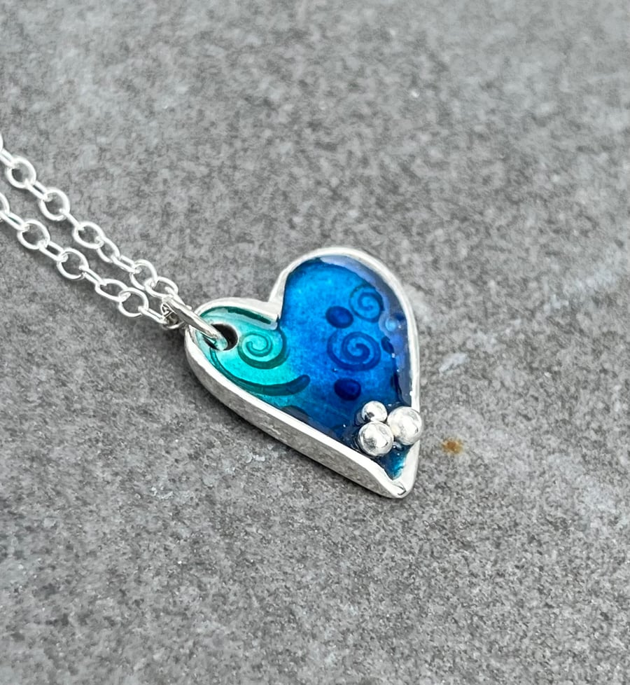 Enamel Necklace, Heart of the Ocean Pendant, heart necklace, enamel, valentines,