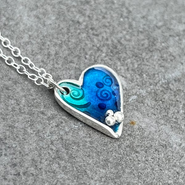 Enamel Necklace, Heart of the Ocean Pendant, heart necklace, enamel, valentines,