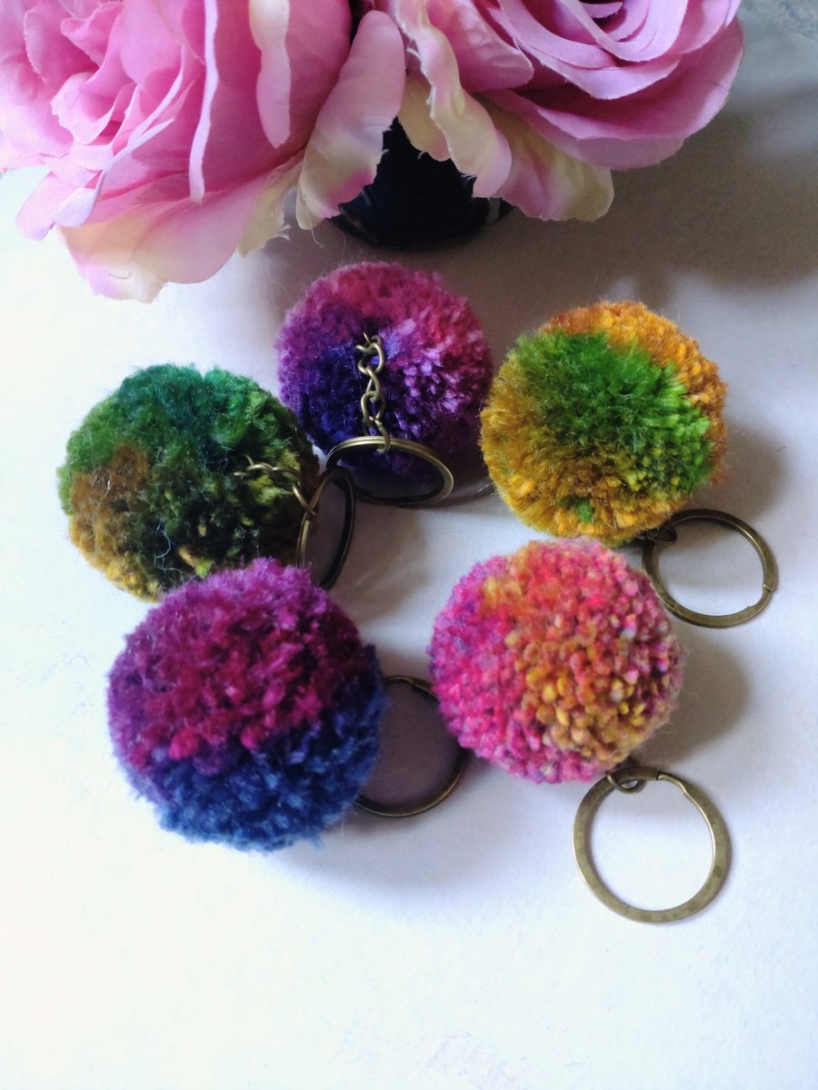 Wool Pompom Keyring, 5cm, Fluffy Pompom Plush Keychain, Stocking Filler.