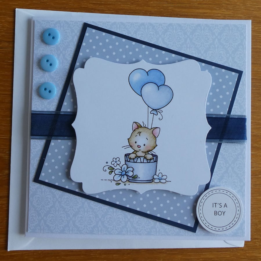 New Baby Boy Card - Kitten with Balloons