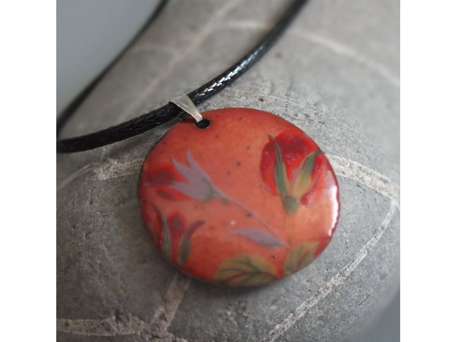 SALE: Floral, copper coloured enamel pendant