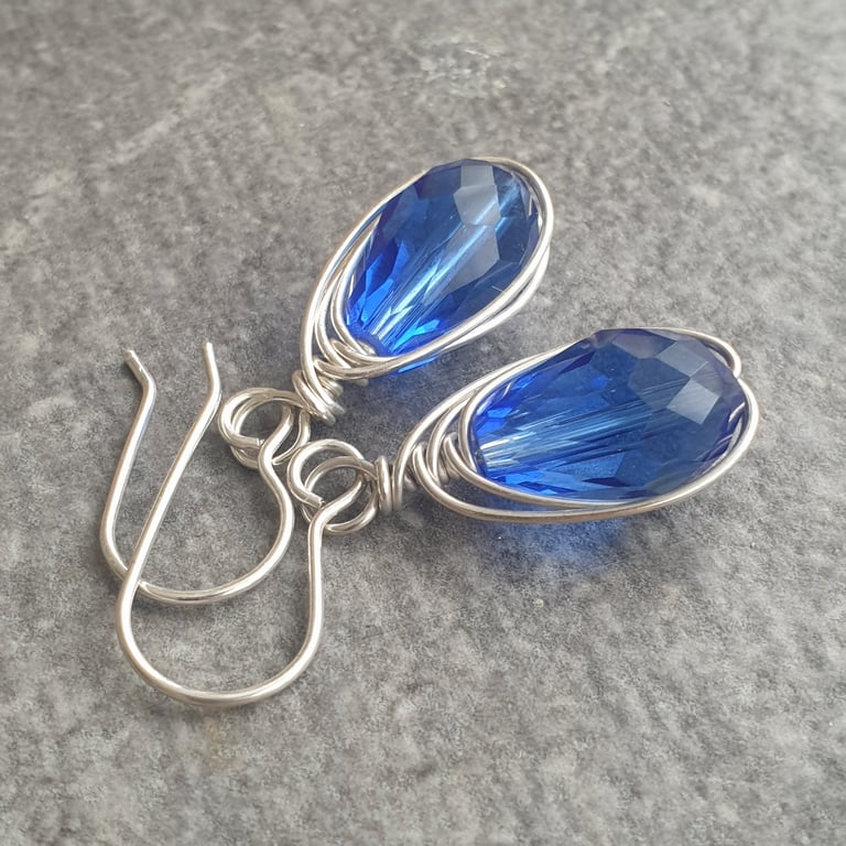 Cobalt blue teardrop earrings, Sterling silver ear wires
