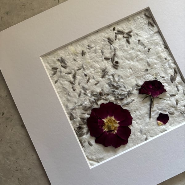 Original Pressed Floral Art, Handmade Paper, with Mount