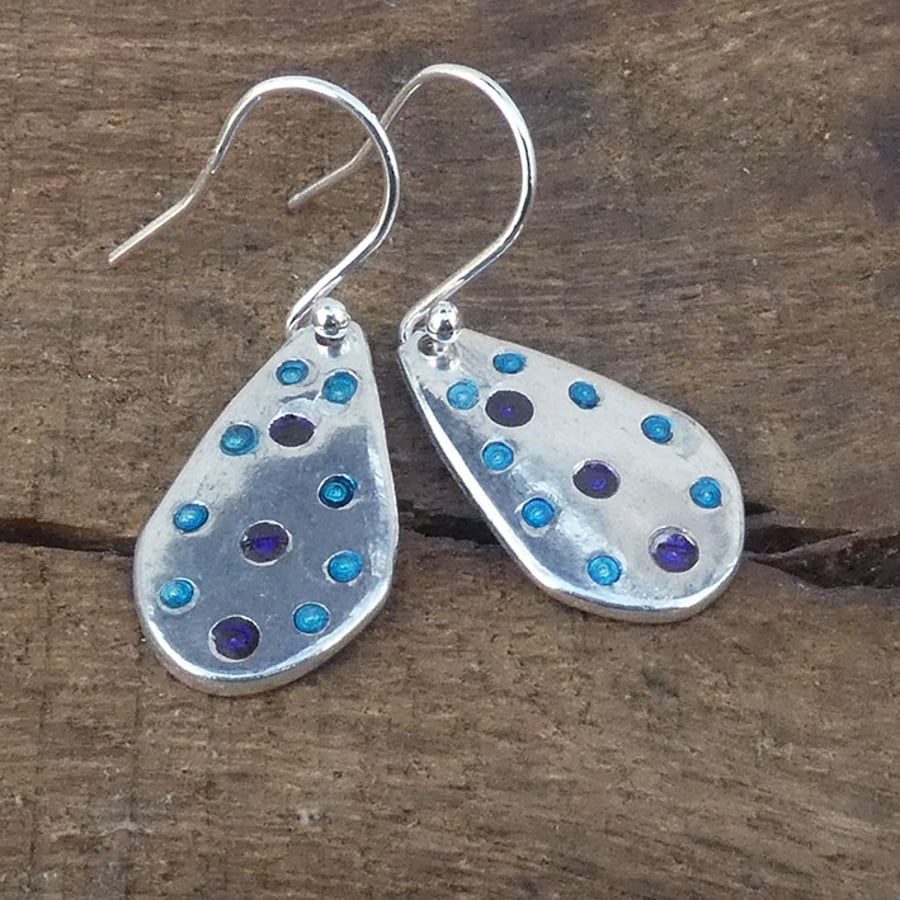 Silver spotty earrings, turquoise and blue