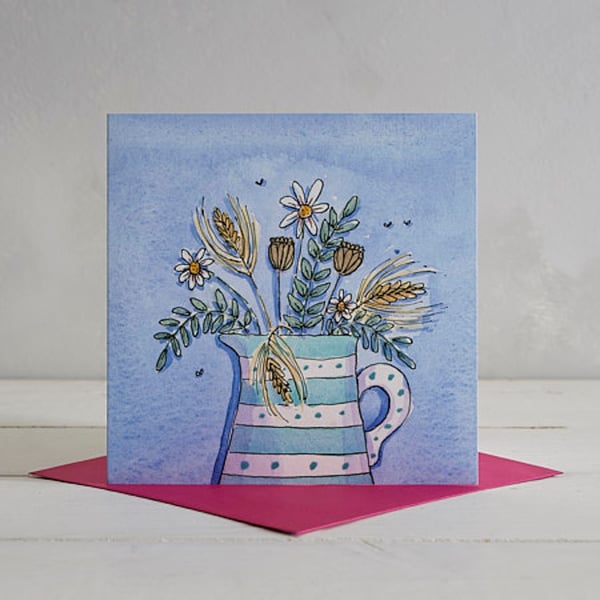 Stripes and Spots Flower Jug with Daisies and Barley Greetings card
