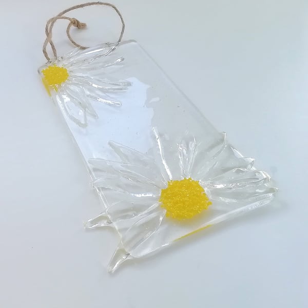 Large daisy suncatcher, fused glass wall art, clear glass florals, birthday gift