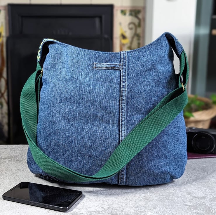 Denim Bag Jeans Bag with Green Strap