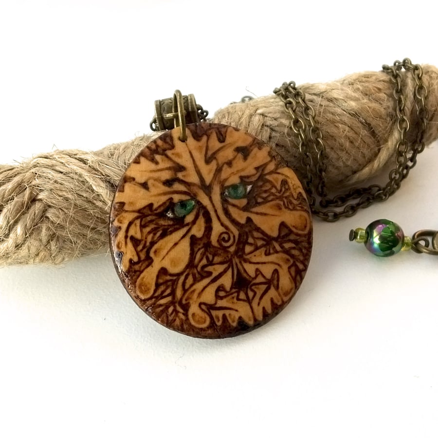 Greenman Amongst the Oak Leaves Wooden Pyrography Unisex Pendant Necklace