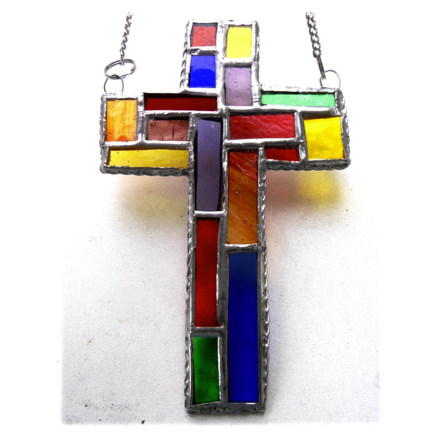 Cross Suncatcher Stained Glass Patchwork Rainbow Handmade 049